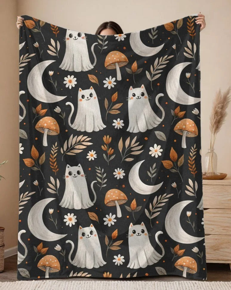 Halloween Haunted House Quilted Blanket Ghost Pumpkin Black Cat Fall Throw